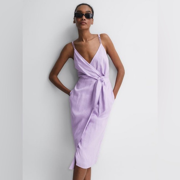 Reiss Esme Linen Side Tie Midi Dress in Lilac - Picture 2 of 16